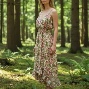 Shore Drive Womens Size Large Boho Floral Hi Low Green Pink Maxi Dress Festival